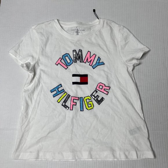 Tommy Hilfiger Girls Sz M (8 ) t shirt White with Colorful Words - Picture 2 of 5